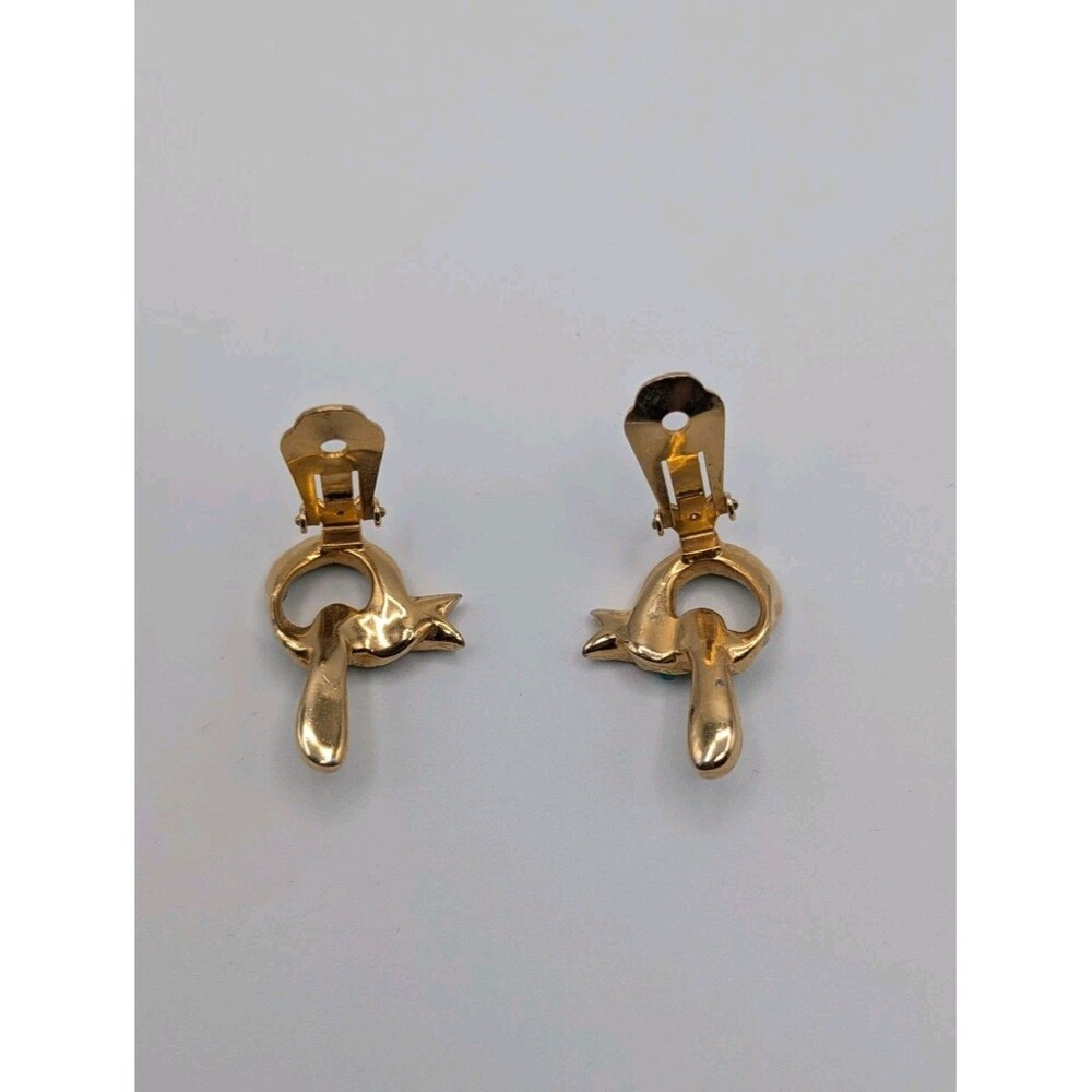 Vtg Signed Hattie Carnegie Faux Turquoise Cabochon Clip Earrings Gold Art Deco - Picture 10 of 12